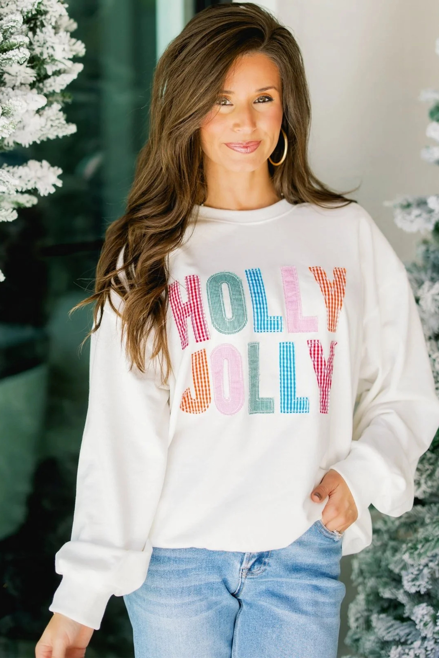 Women's Christmas Sweatshirt, Casual Holly Jolly Crewneck - Detail View 7