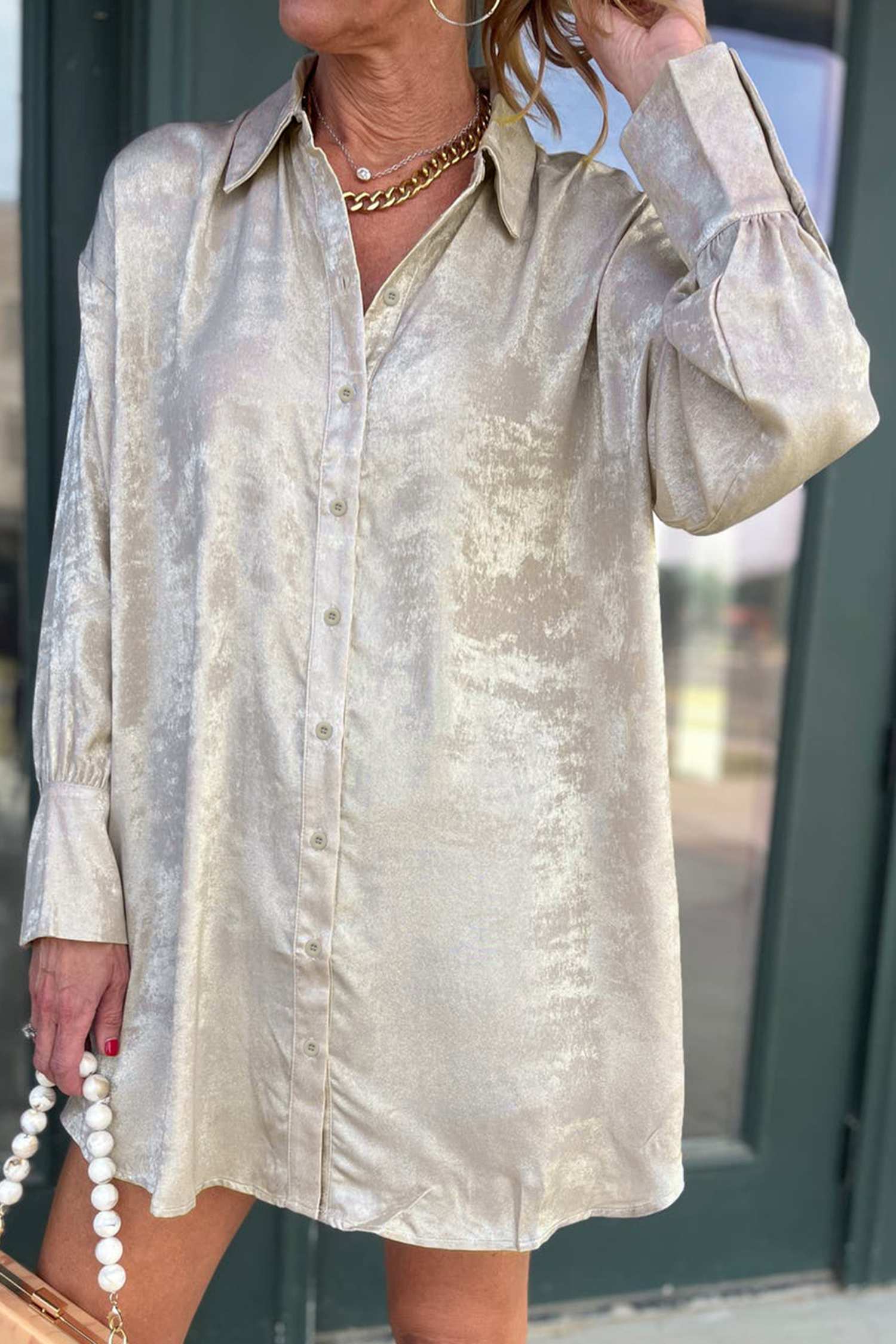 Jet Stream Velvet Mini Dress, Casual Button Up Shift Style - Detail View 2
