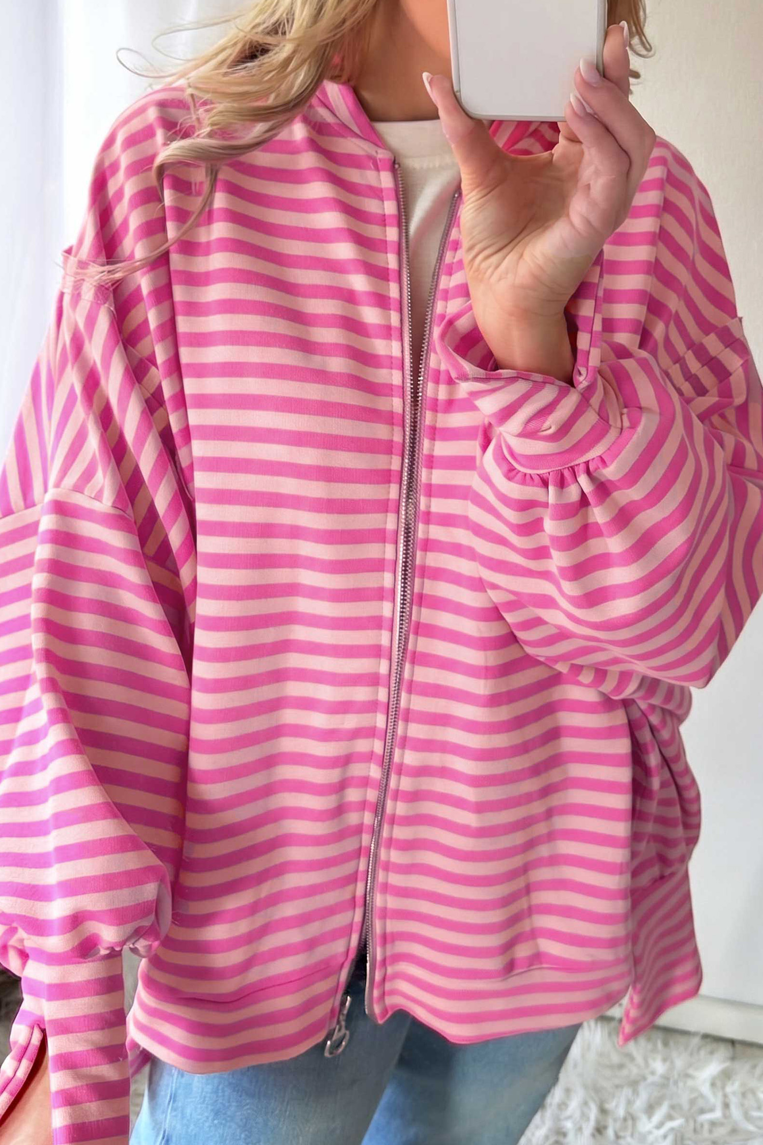 Casual Women's Zip Up Hoodie, Soft Striped Fall Outerwear - Detail View 3