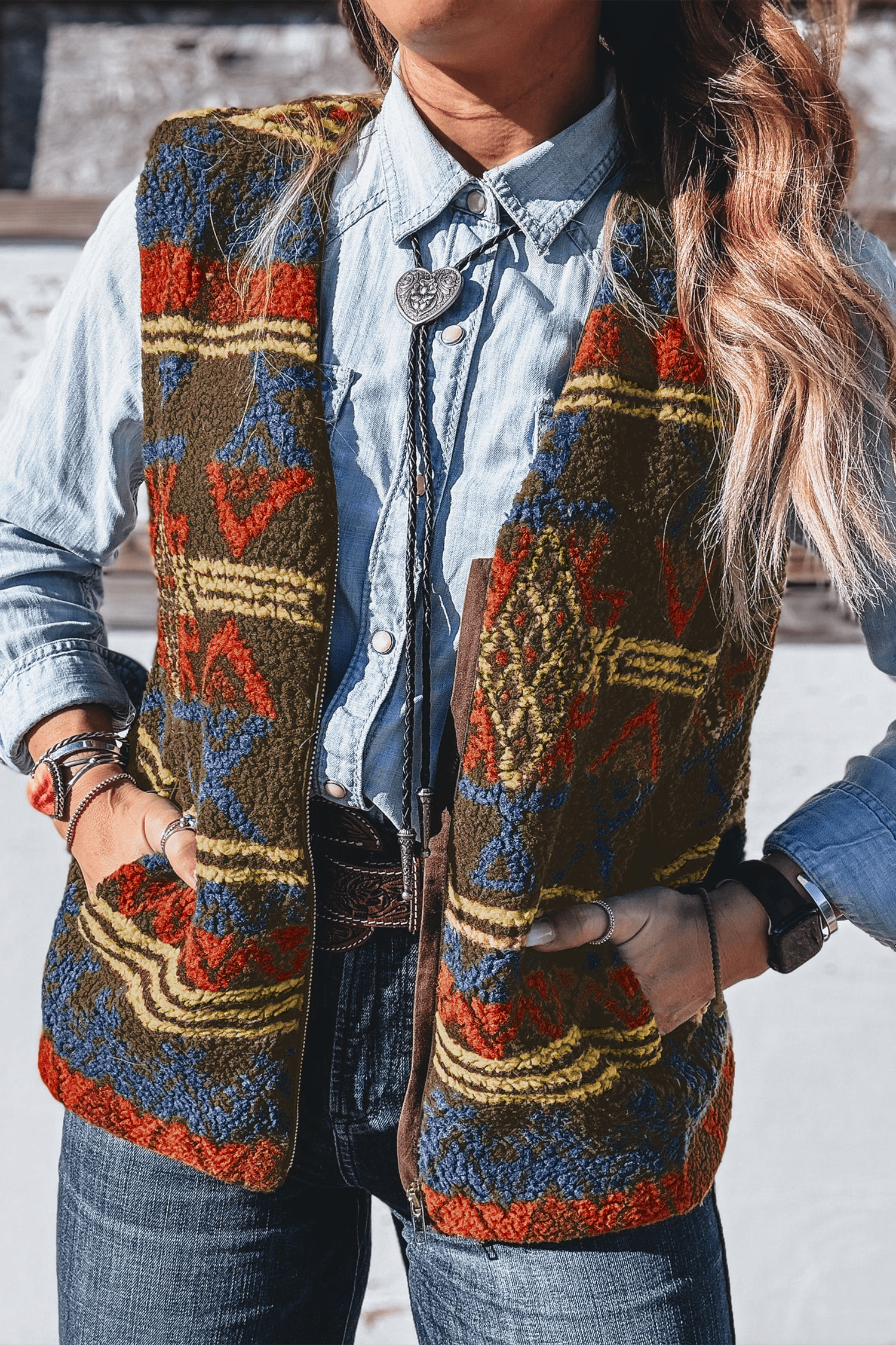 Casual Western Print Vest, Women's Sherpa Zip Up Winter Outer - Detail View 6
