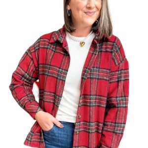 Women's Red Plaid Shacket, Casual Button Front Shirt Jacket - Main View