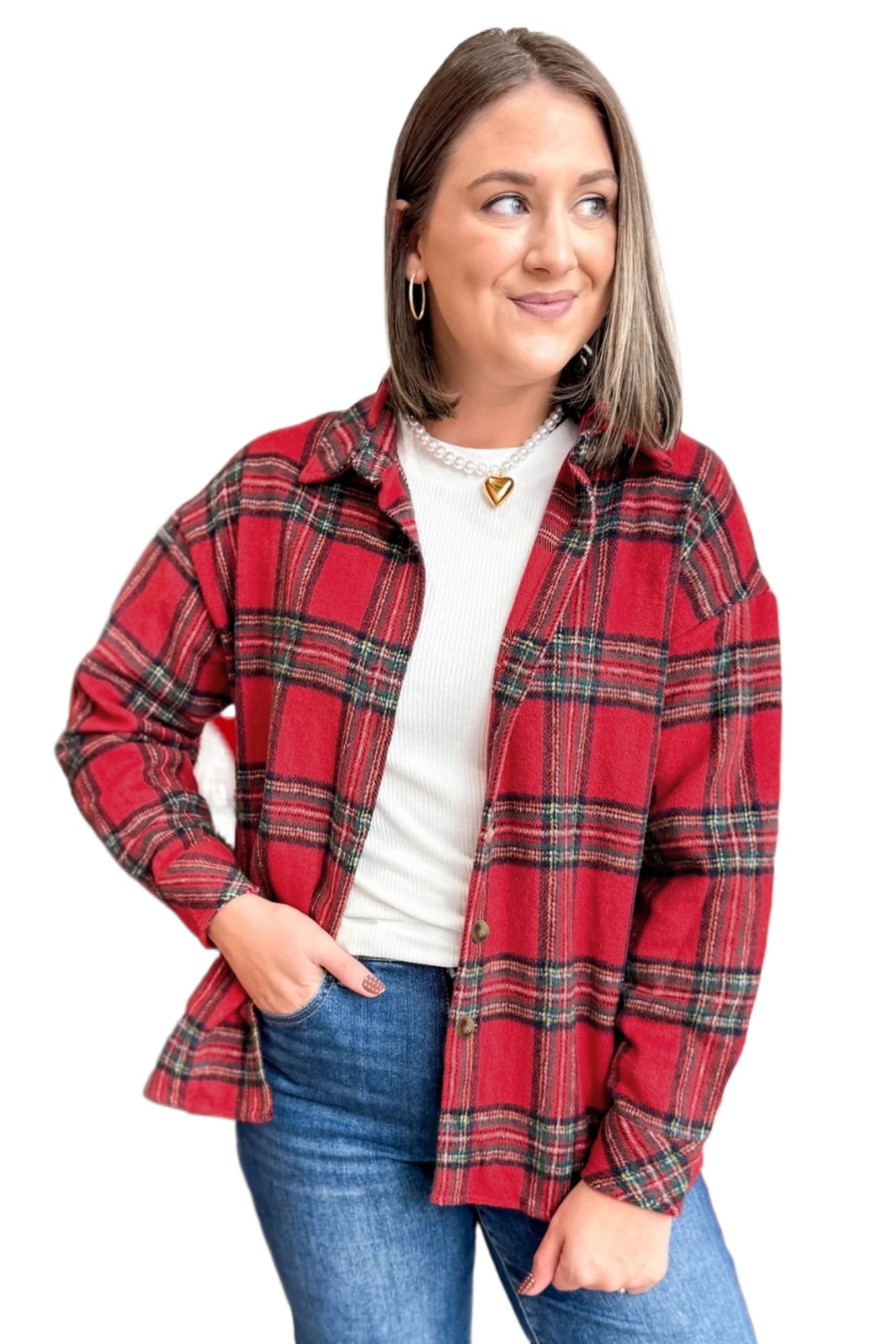 Women's Red Plaid Shacket, Casual Button Front Shirt Jacket - Main View
