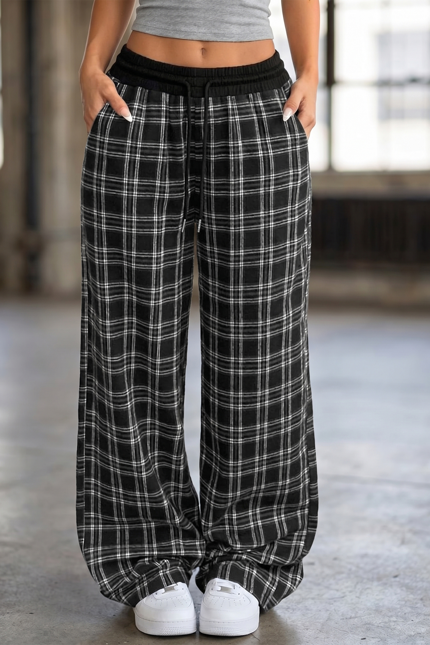 Stretch Plaid Women's Wide Leg Pants, Cozy High Waisted Daily - Detail View 3