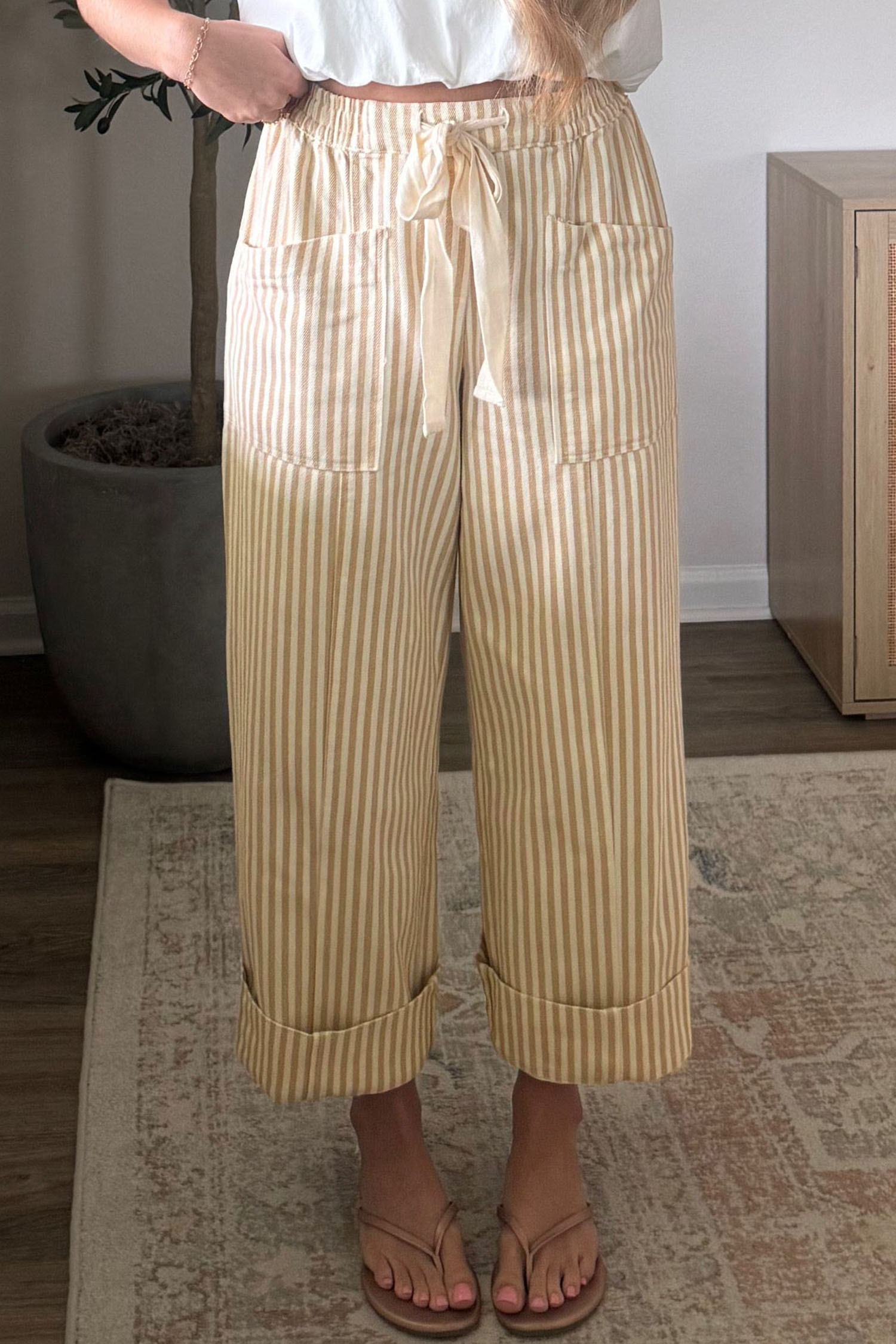 Women's Striped Drawstring Pants, Casual Daily Trousers - Detail View 7