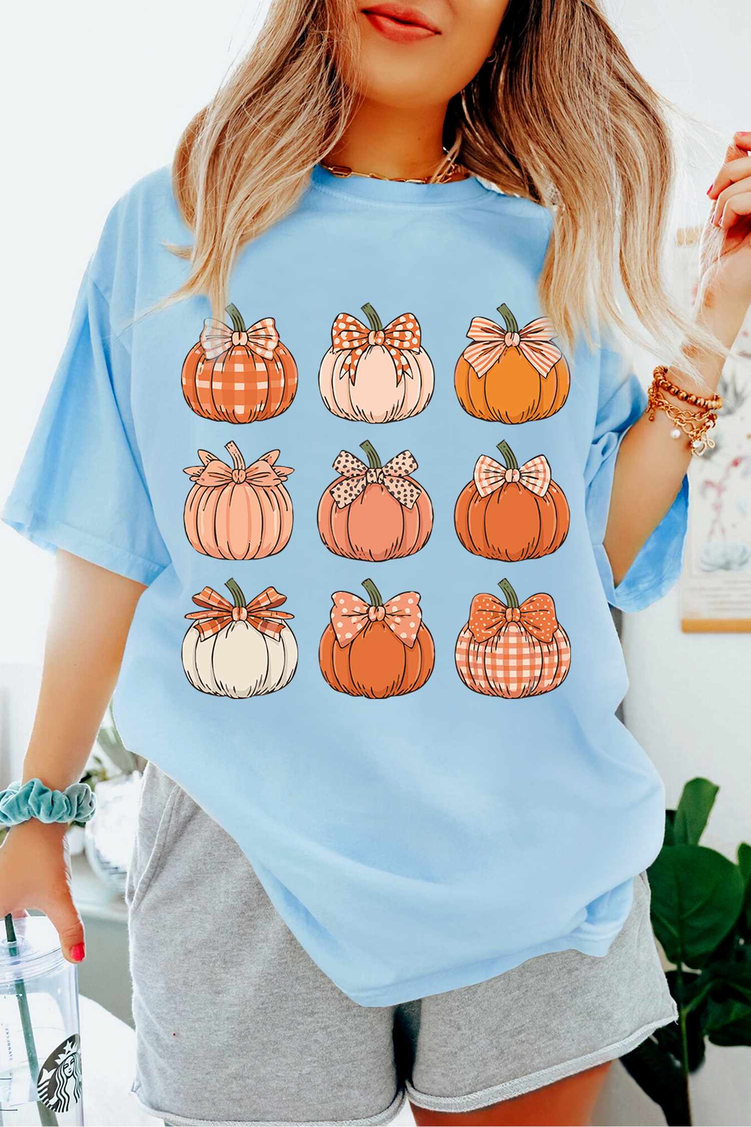 Casual Fall Graphic T Shirt, Light Blue Soft Cotton Blend - Detail View 3