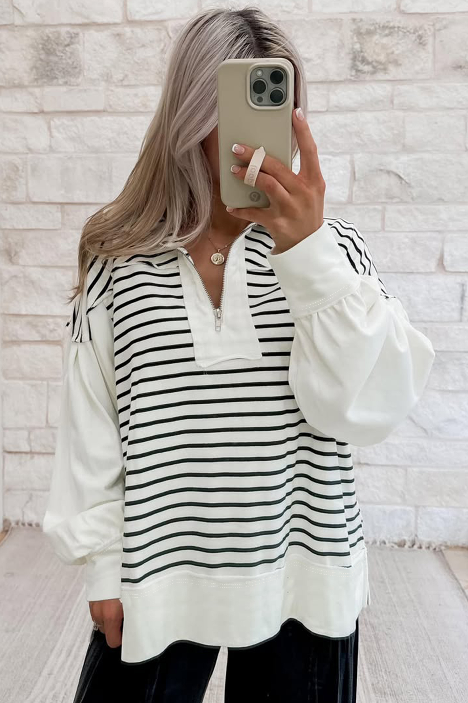 Women's Cotton Blend Stripe Shirt, Comfortable Zip Collar Tee - Detail View 3