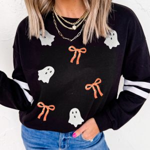 Casual Women's Halloween Sweatshirt, Cute Ghost Bows Pullover - Main View