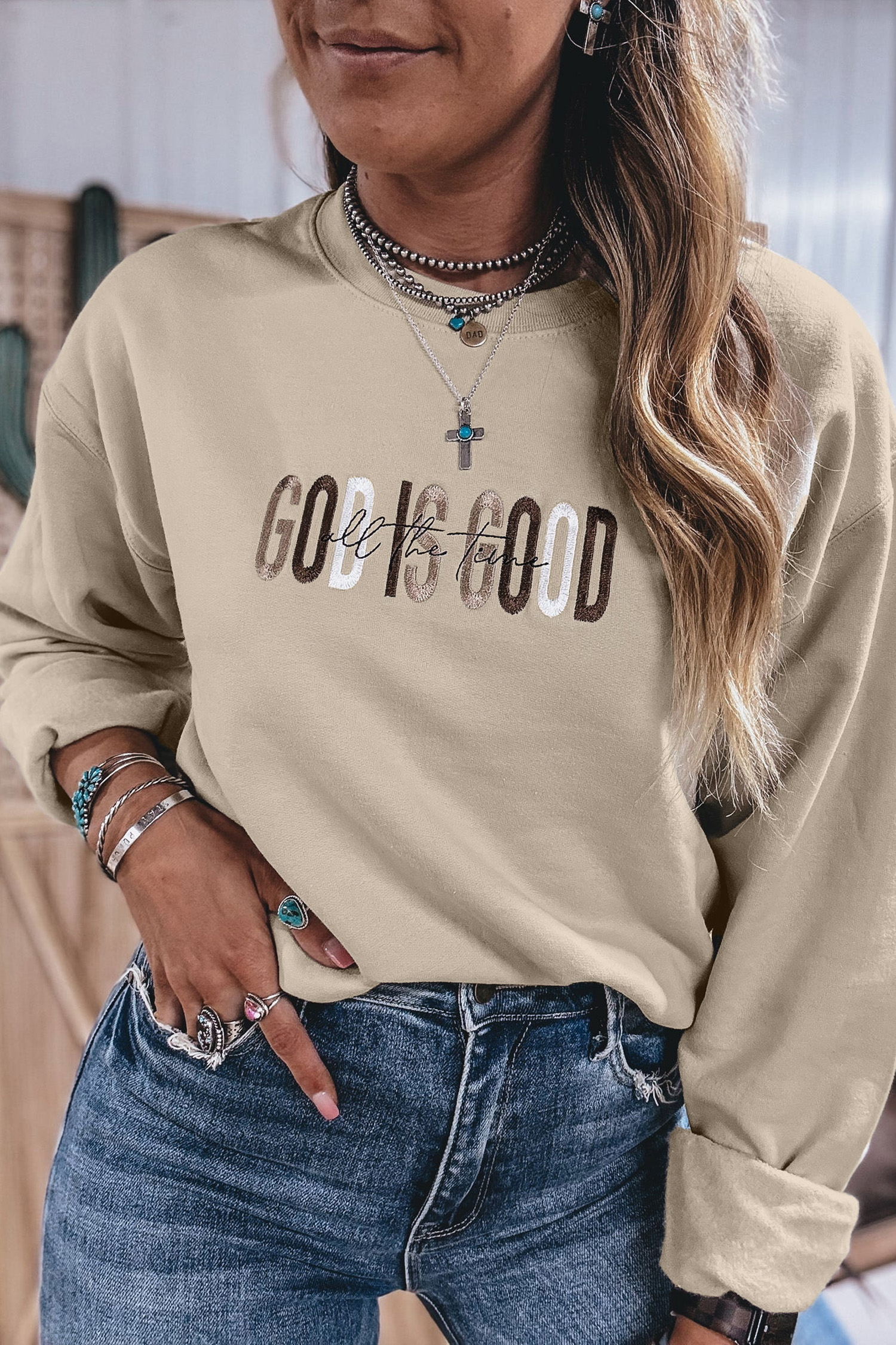 Women's Embroidered Sweatshirt, God Is Good Pullover - Detail View 2