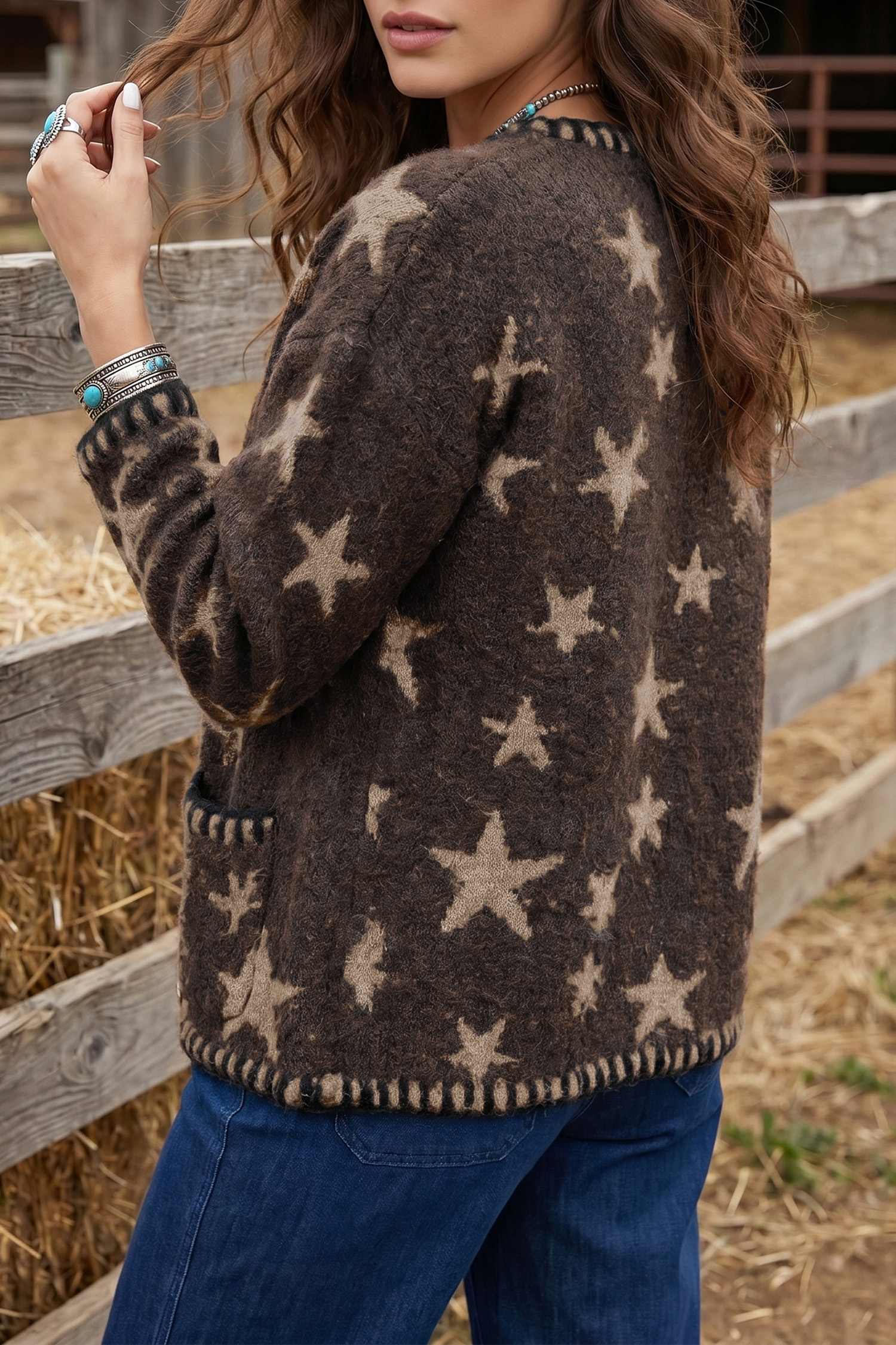 Elegant Star Design Cardigan, Warm Autumn Daily Knitwear - Detail View 3