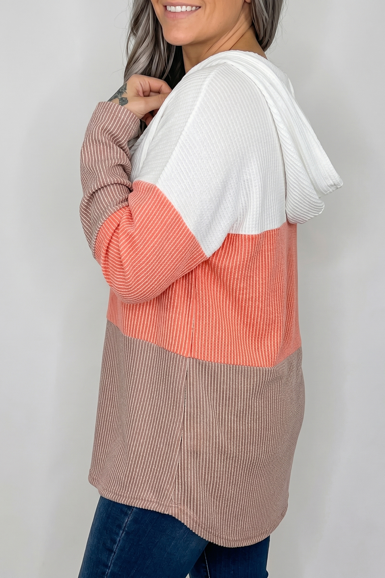 Tri Color Hooded Pullover, Soft Ribbed Knit Casual Shirt - Detail View 5