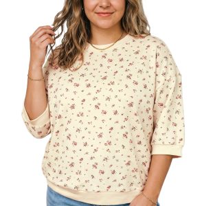 Women's Floral Sweatshirt, Beige Round Neck Casual Pullover - Main View