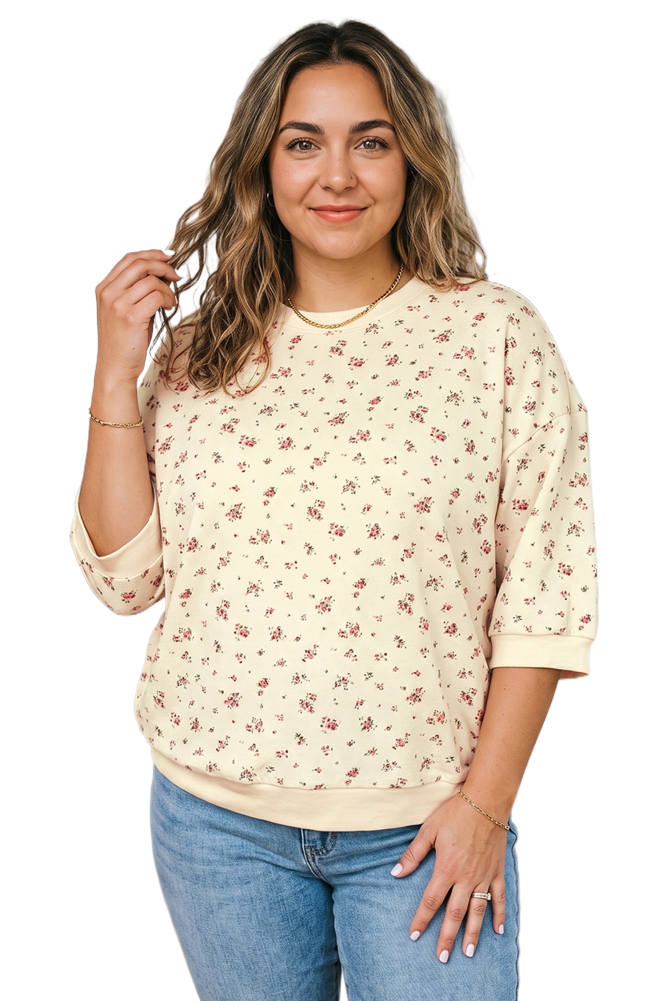 Women's Floral Sweatshirt, Beige Round Neck Casual Pullover - Main View