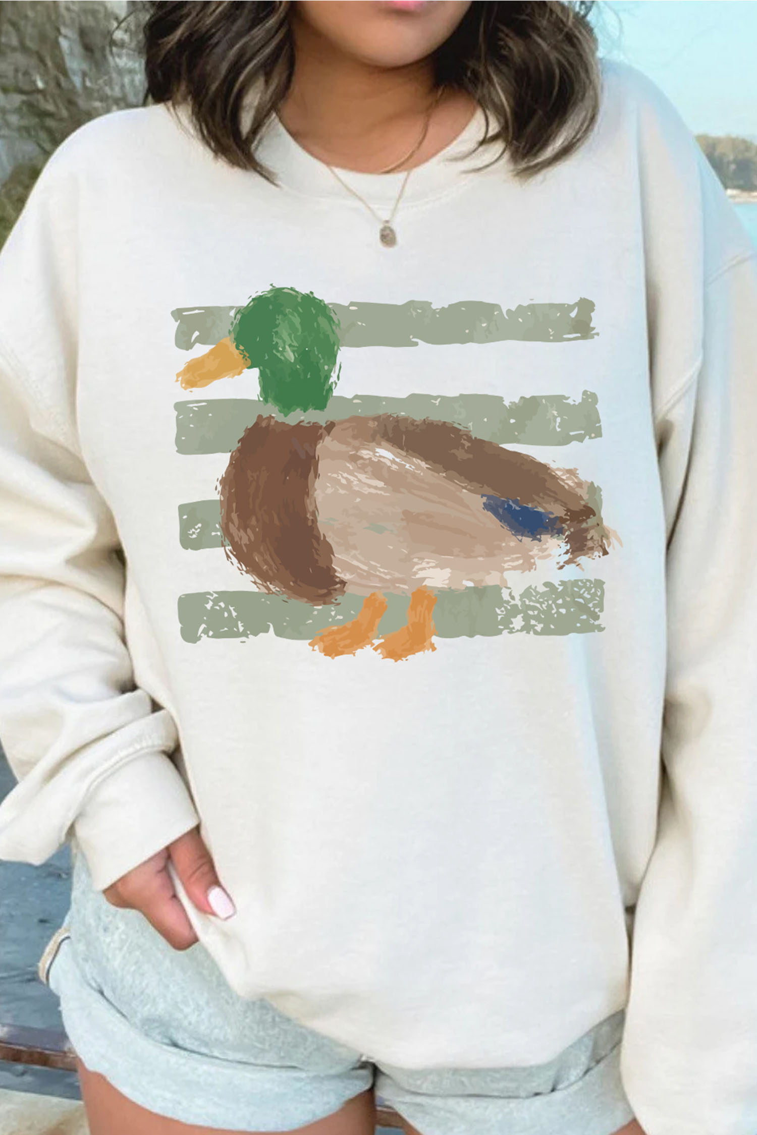 Western Duck Print Pullover, Casual Long Sleeve Crewneck - Detail View 5