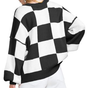 Women's Plaid Sweater, Casual Long Sleeve Crewneck Pullover - Main View