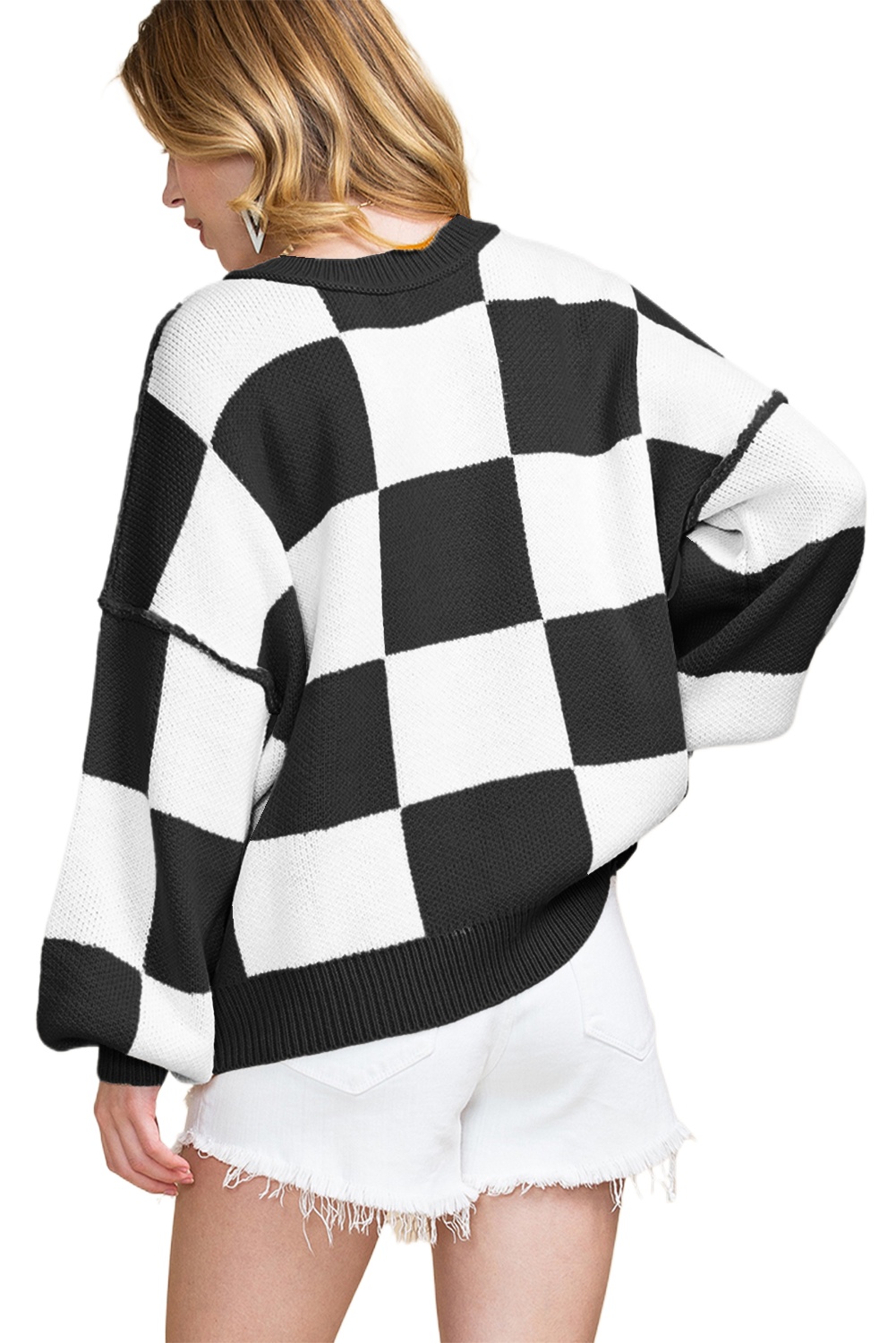 Women's Plaid Sweater, Casual Long Sleeve Crewneck Pullover - Main View