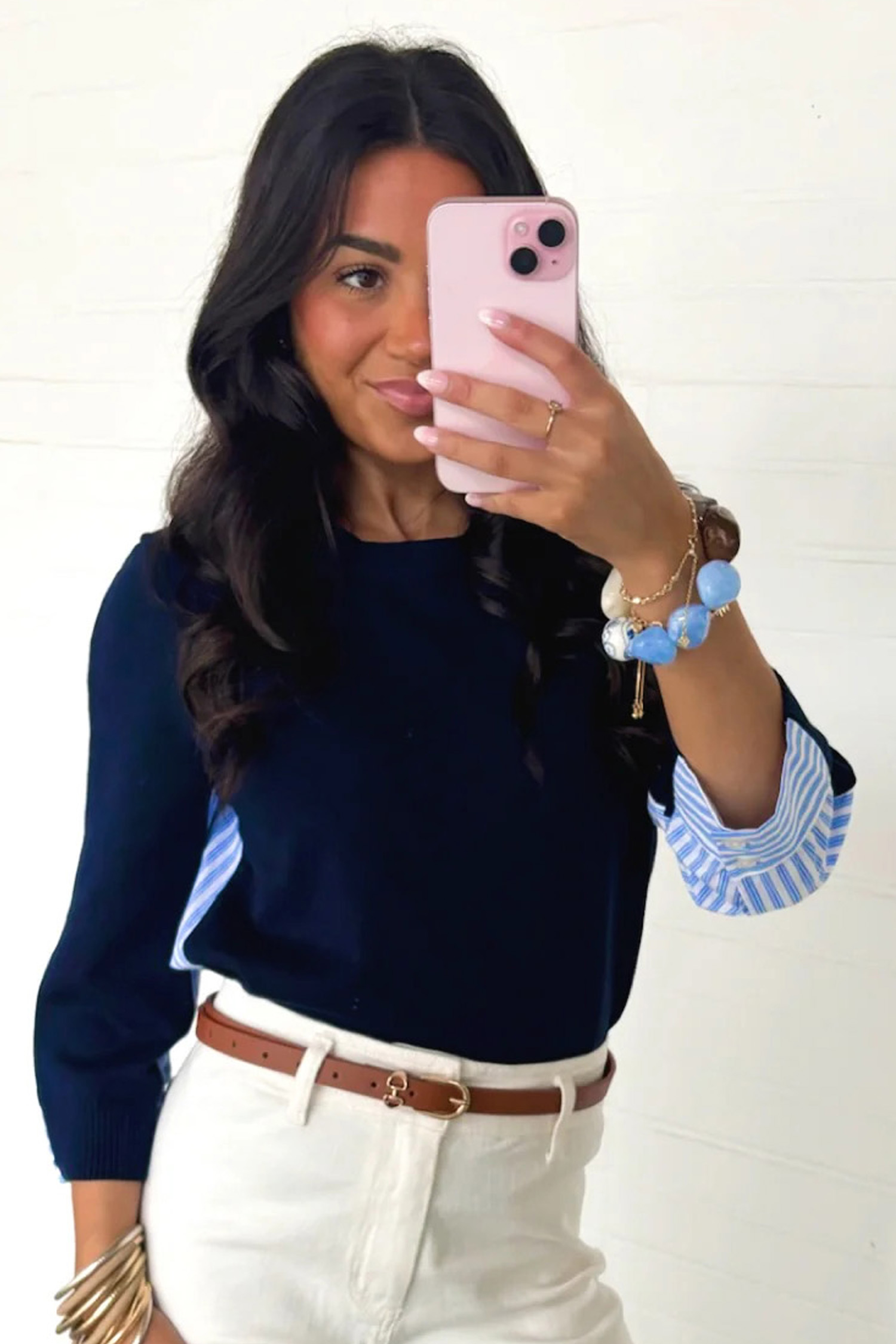 Women's Round Neck Pullover, Casual Striped Workwear Sweater - Detail View 3