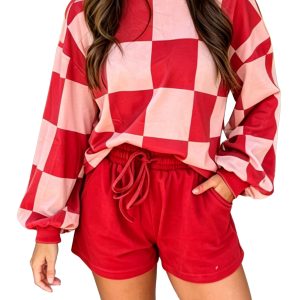Women's Checkerboard Lounge Set, Long Sleeve Top And Shorts - Main View