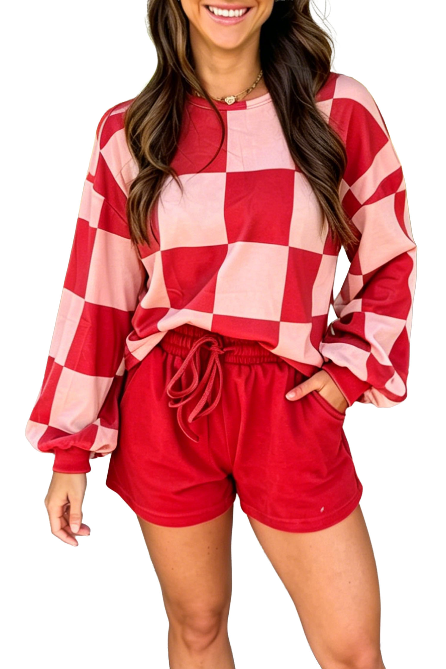 Women's Checkerboard Lounge Set, Long Sleeve Top And Shorts - Main View
