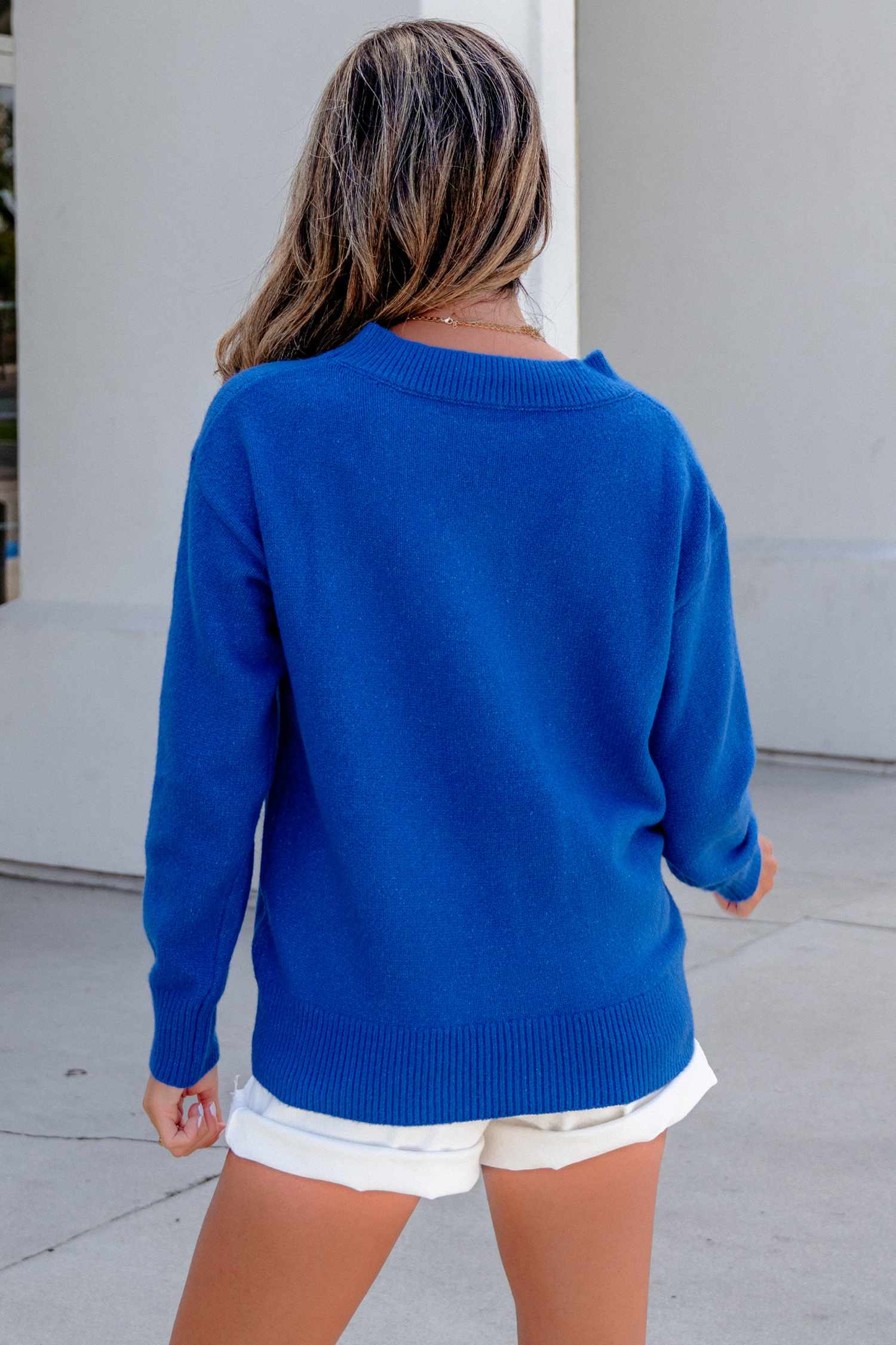 Sky Blue Pullover Sweater, Casual Long Sleeve Round Neck - Detail View 2