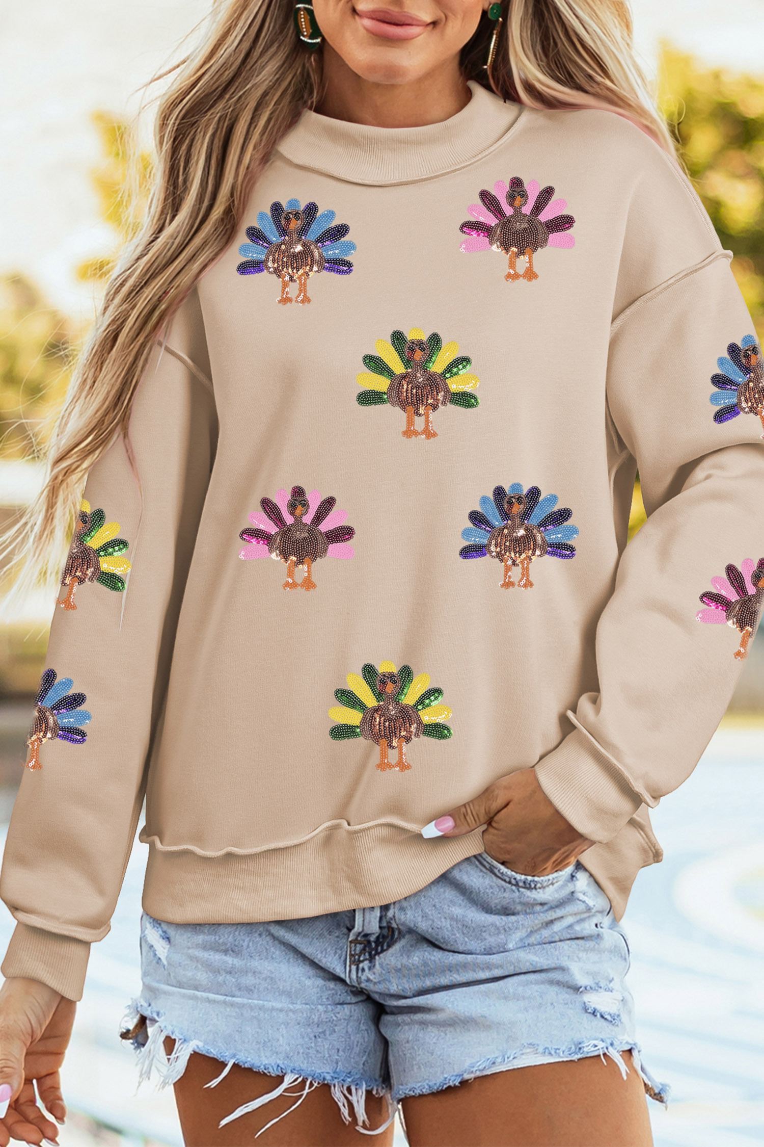 Women's Mock Neck Graphic Sweatshirt, Festive Turkey Fall Top - Detail View 3