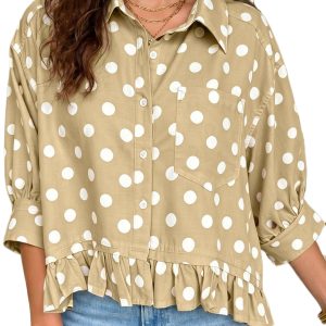 Women's Khaki Polka Dot Shirt, Casual Three Quarter Sleeve Top - Main View