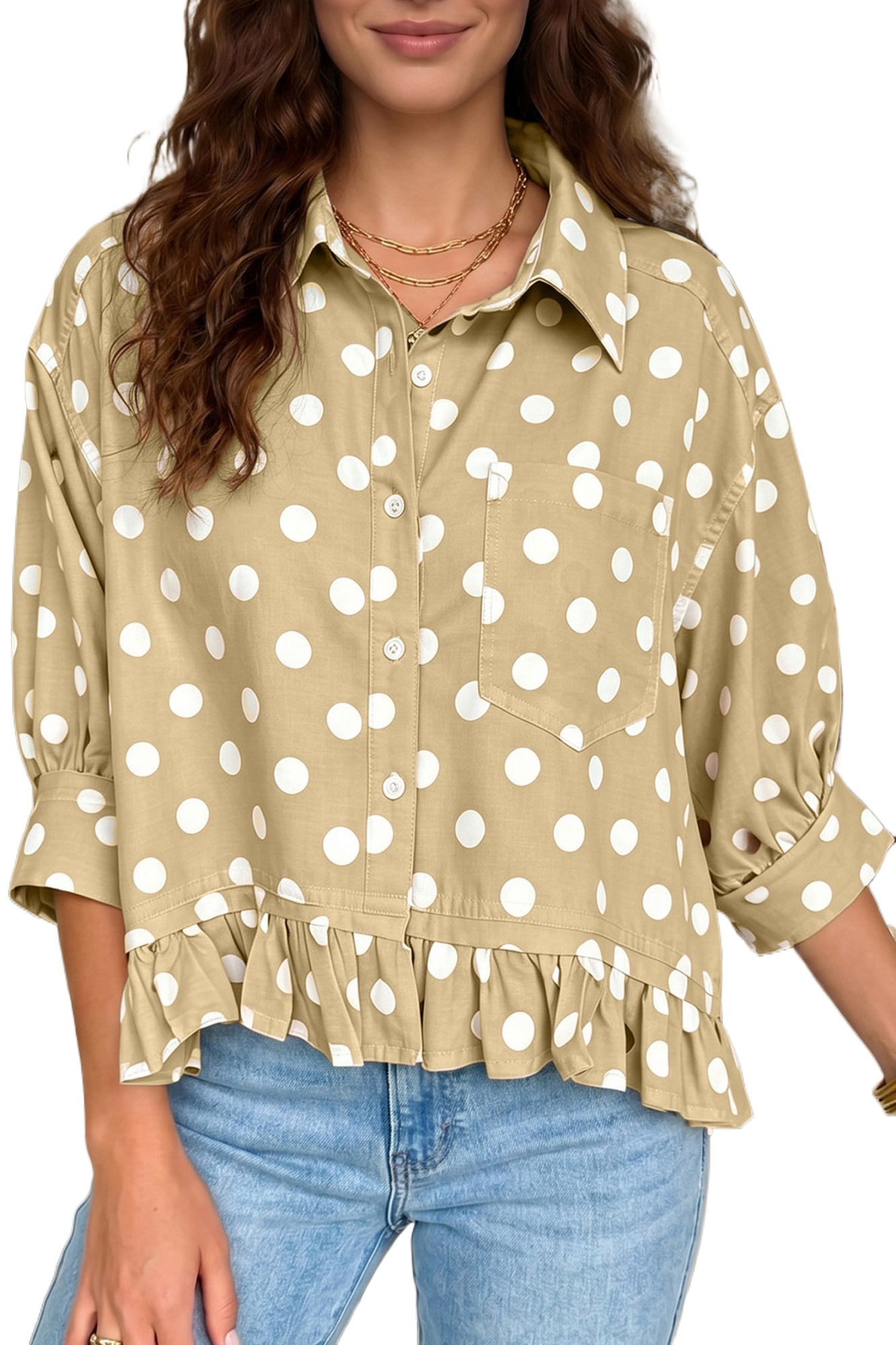 Women's Khaki Polka Dot Shirt, Casual Three Quarter Sleeve Top - Main View