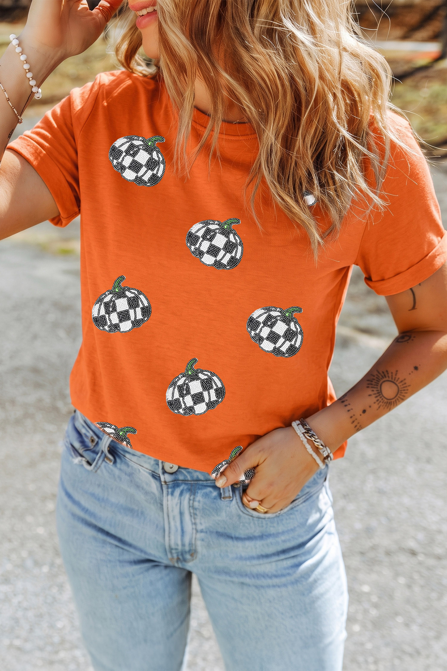 Women's Plaid Pumpkin T-Shirt, Sequin Detail Autumn Top - Detail View 5