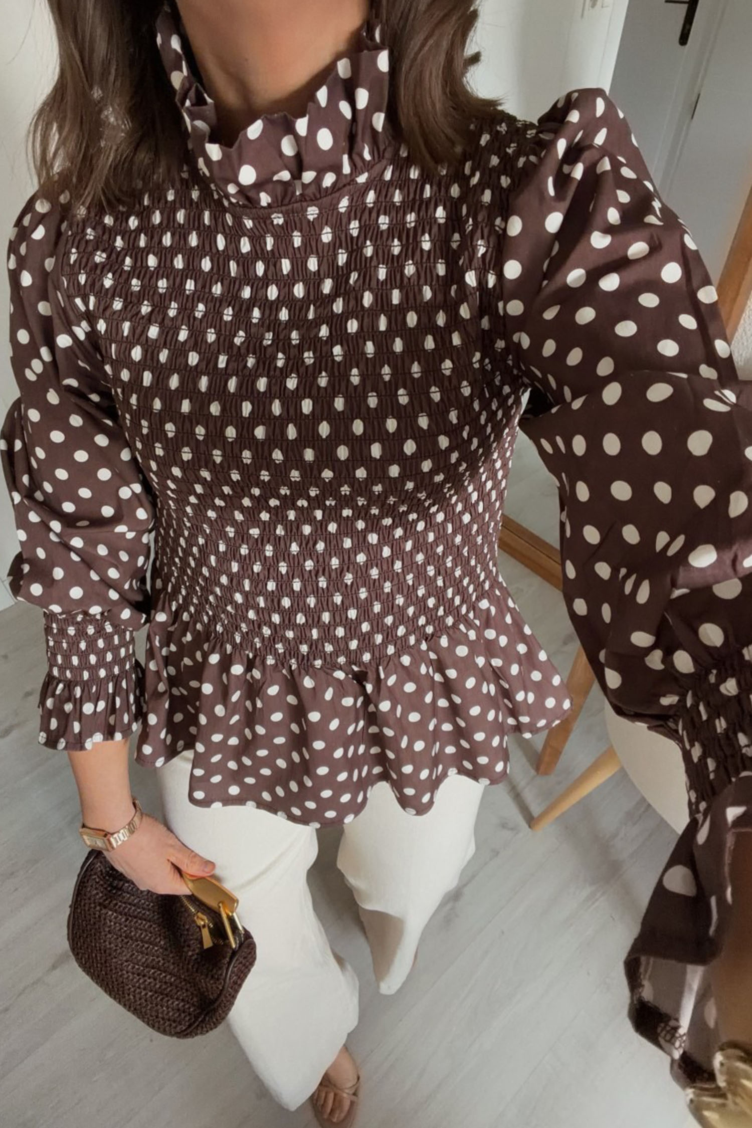 Brown Polka Dot Blouse, Long Sleeve Shirred Ruffle Hem Top - Detail View 2