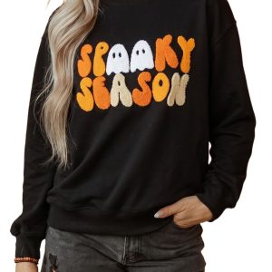 Women's Spooky Season Sweatshirt, Embroidered Black Pullover - Main View