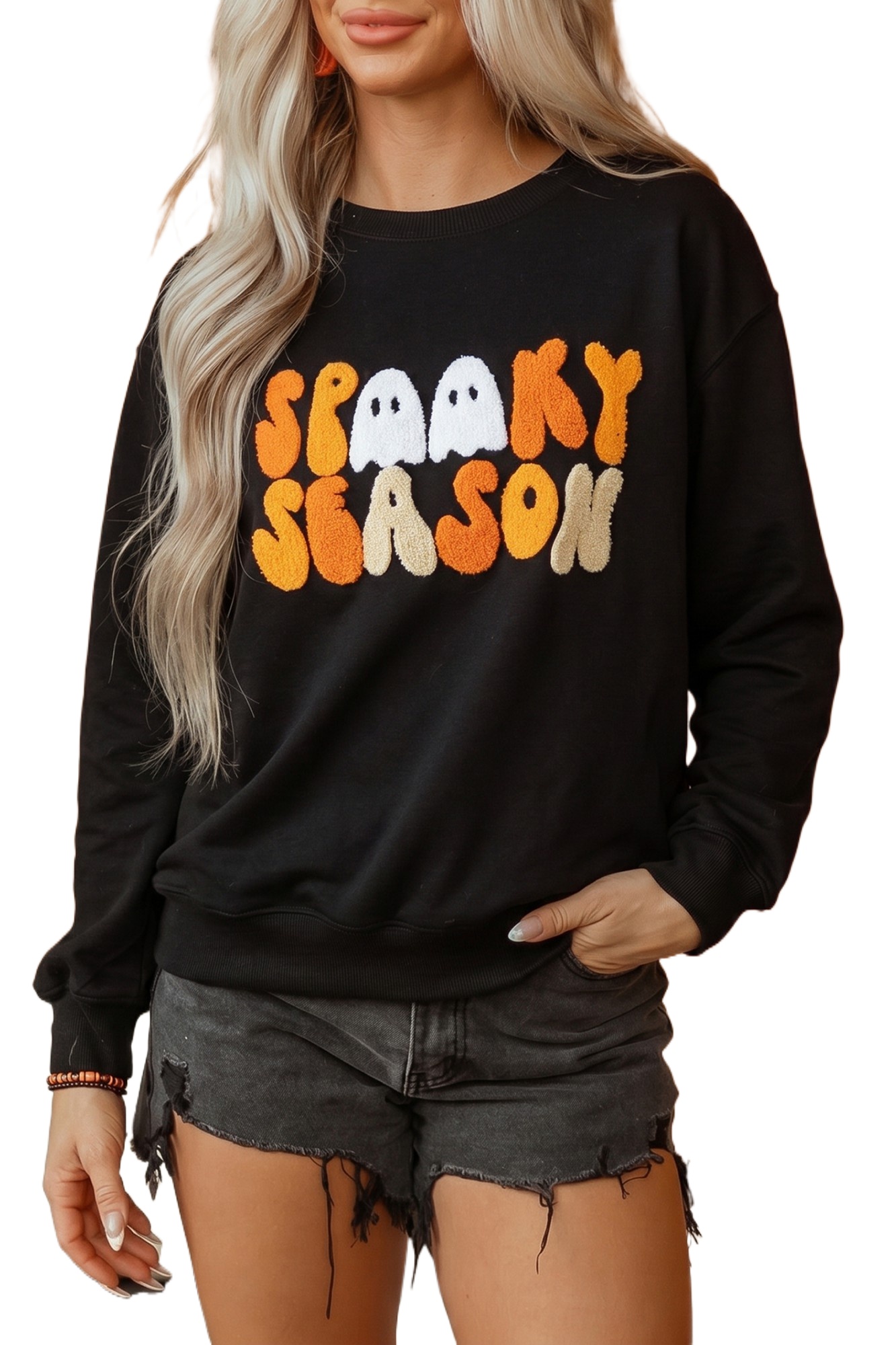 Women's Spooky Season Sweatshirt, Embroidered Black Pullover - Main View