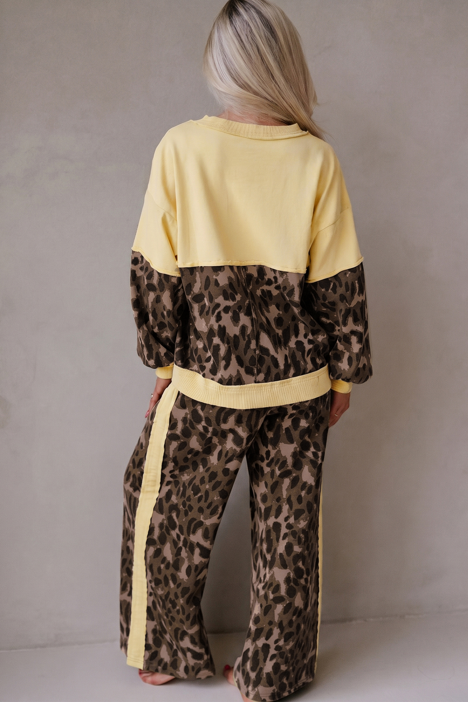 Leopard Print Pant Set, Wide Leg Contrast Trim Lounge Outfit - Detail View 5