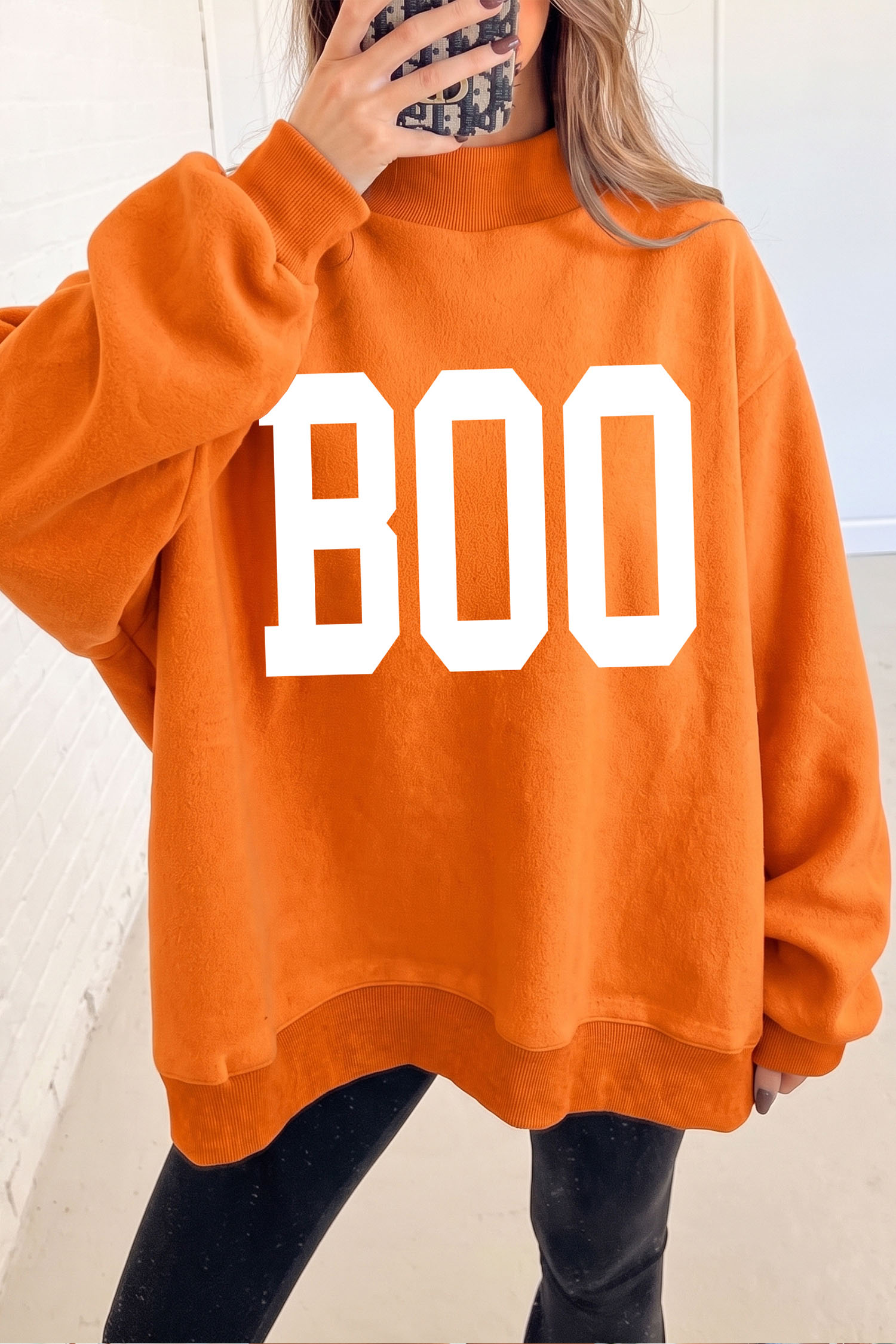 Halloween Mock Neck Pullover, Carrot Orange Letter Graphic - Detail View 2