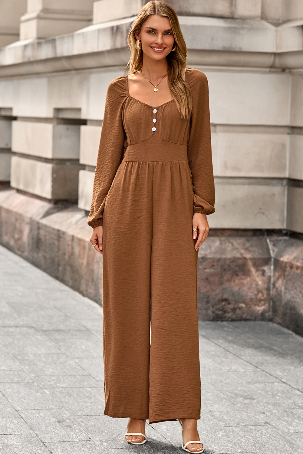Women's High Waist Jumpsuit, Long Sleeve Shirred Comfort - Detail View 6
