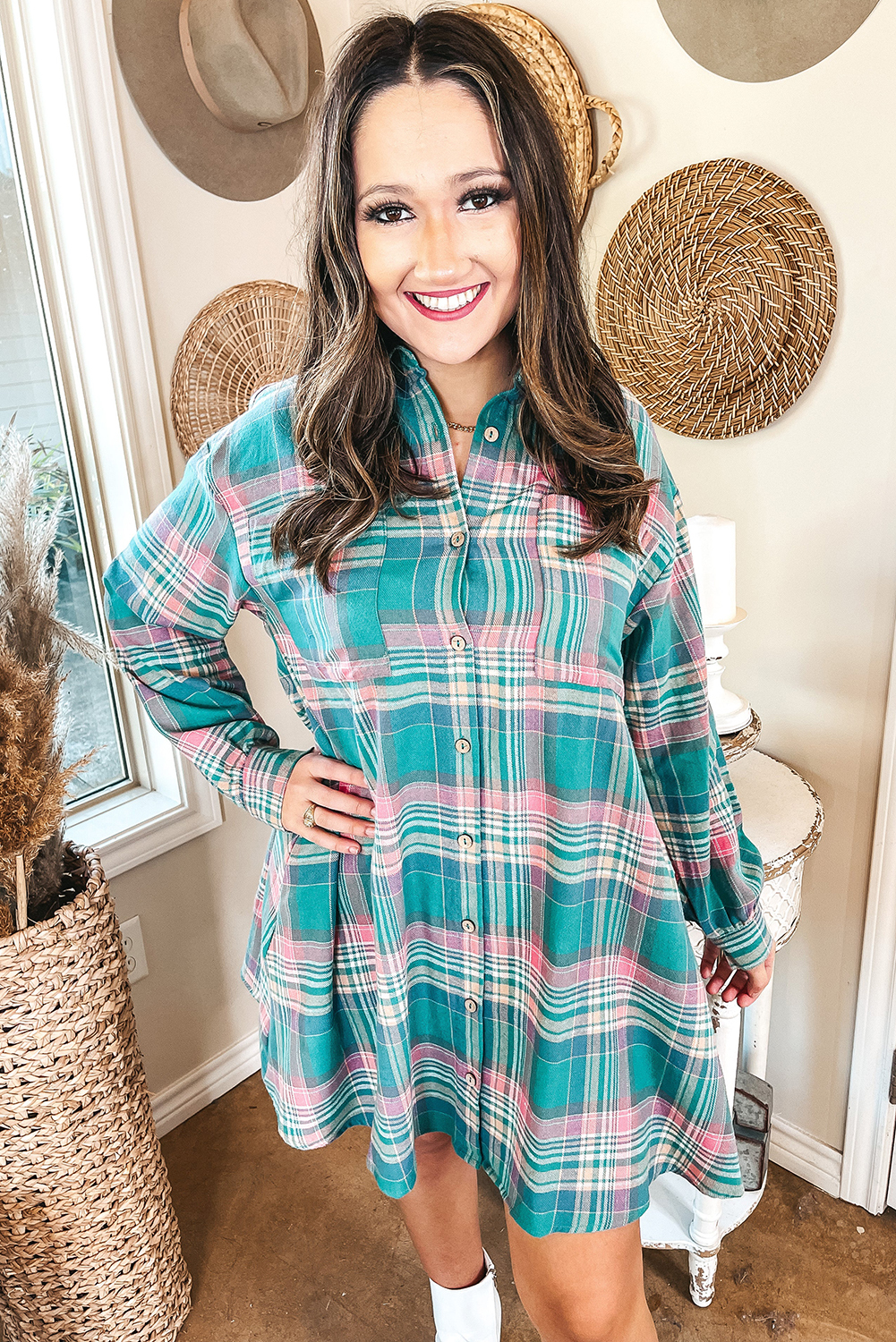 Green Plaid Shirt Dress, Versatile Cotton V Neck Daily Wear - Detail View 5