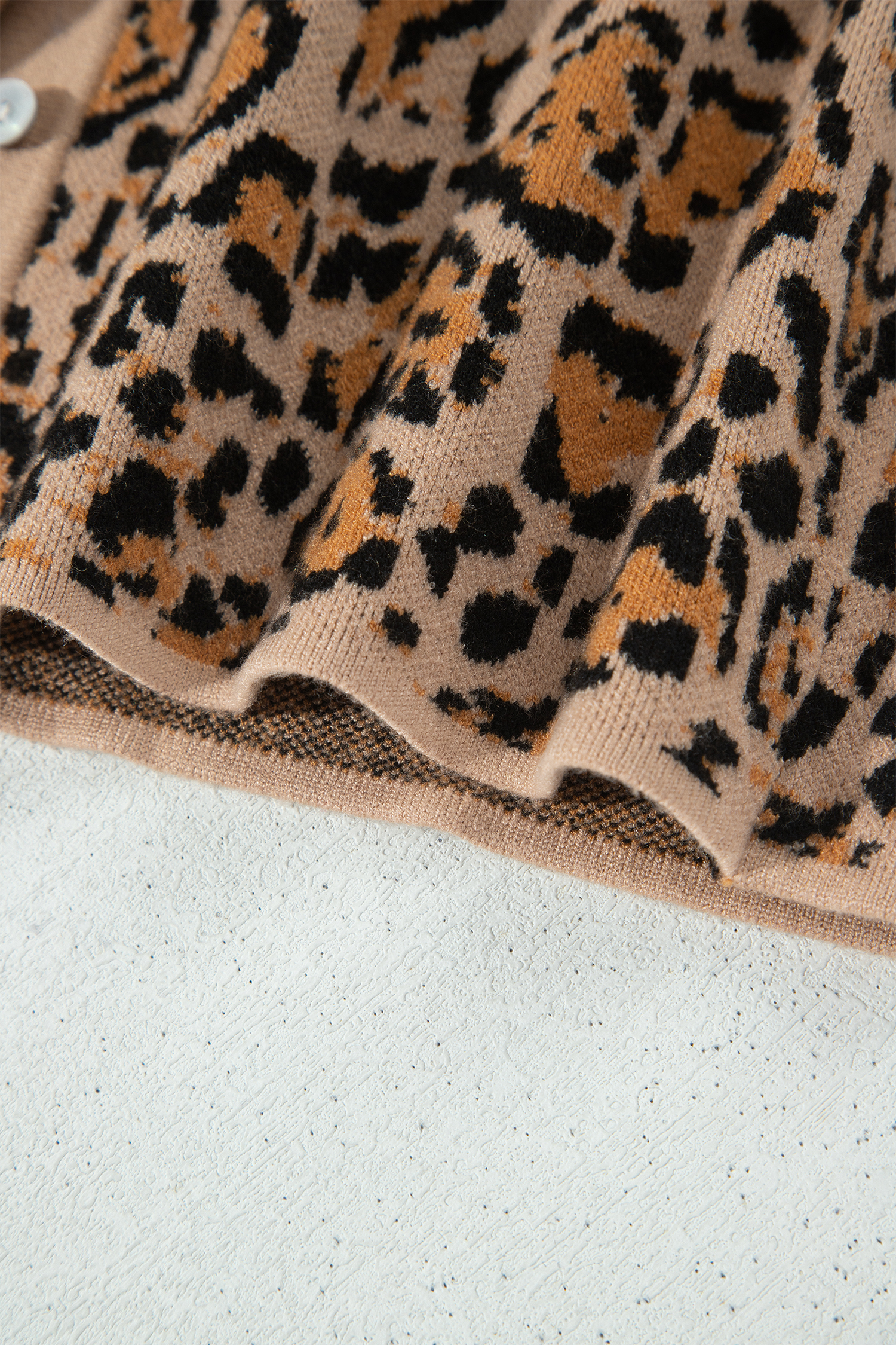 Women's Leopard Button Up Cardigan, Brown Long Sleeve Knit - Detail View 13