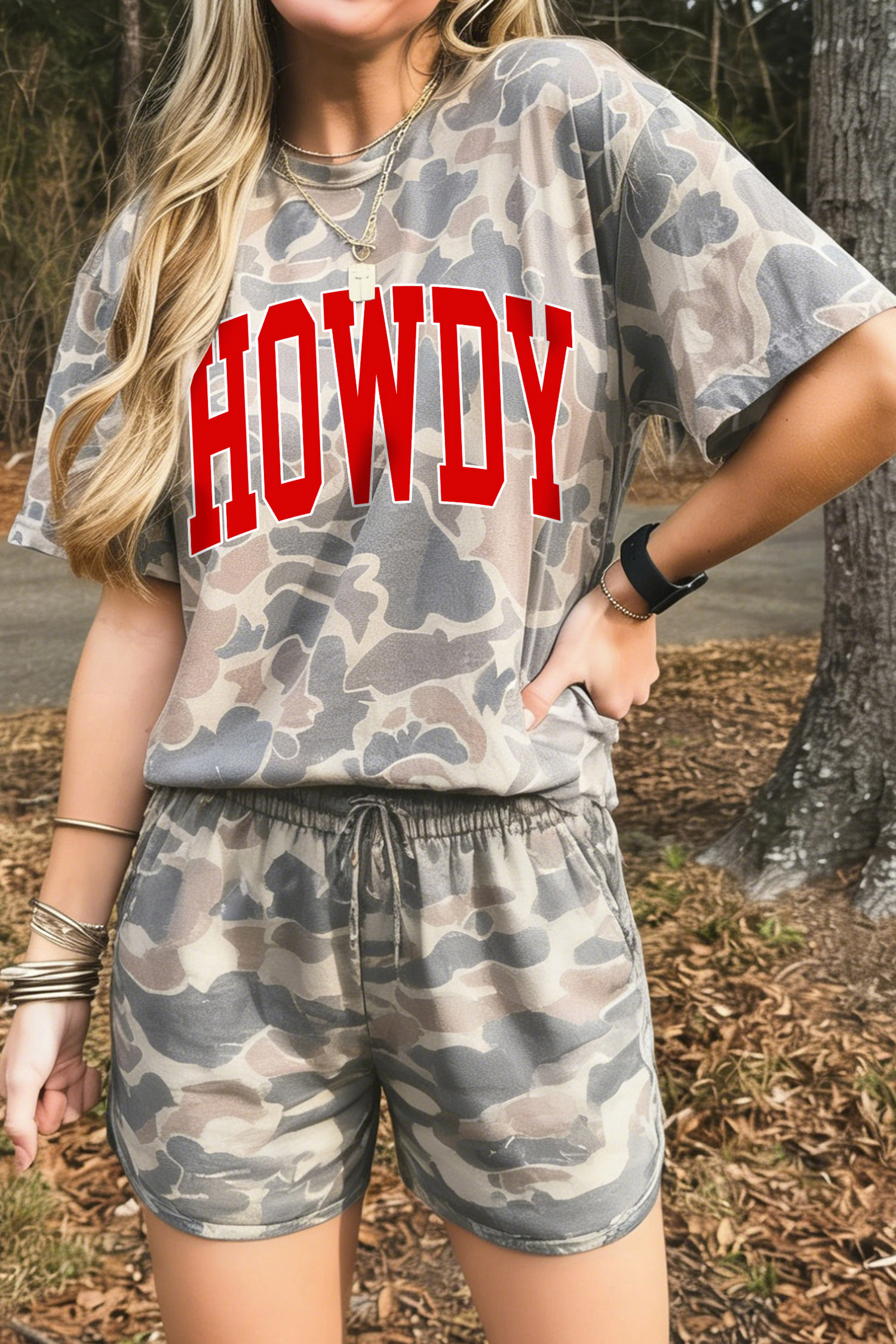 Western Style Camouflage Tee Set, Relaxed Women's Shorts - Detail View 5