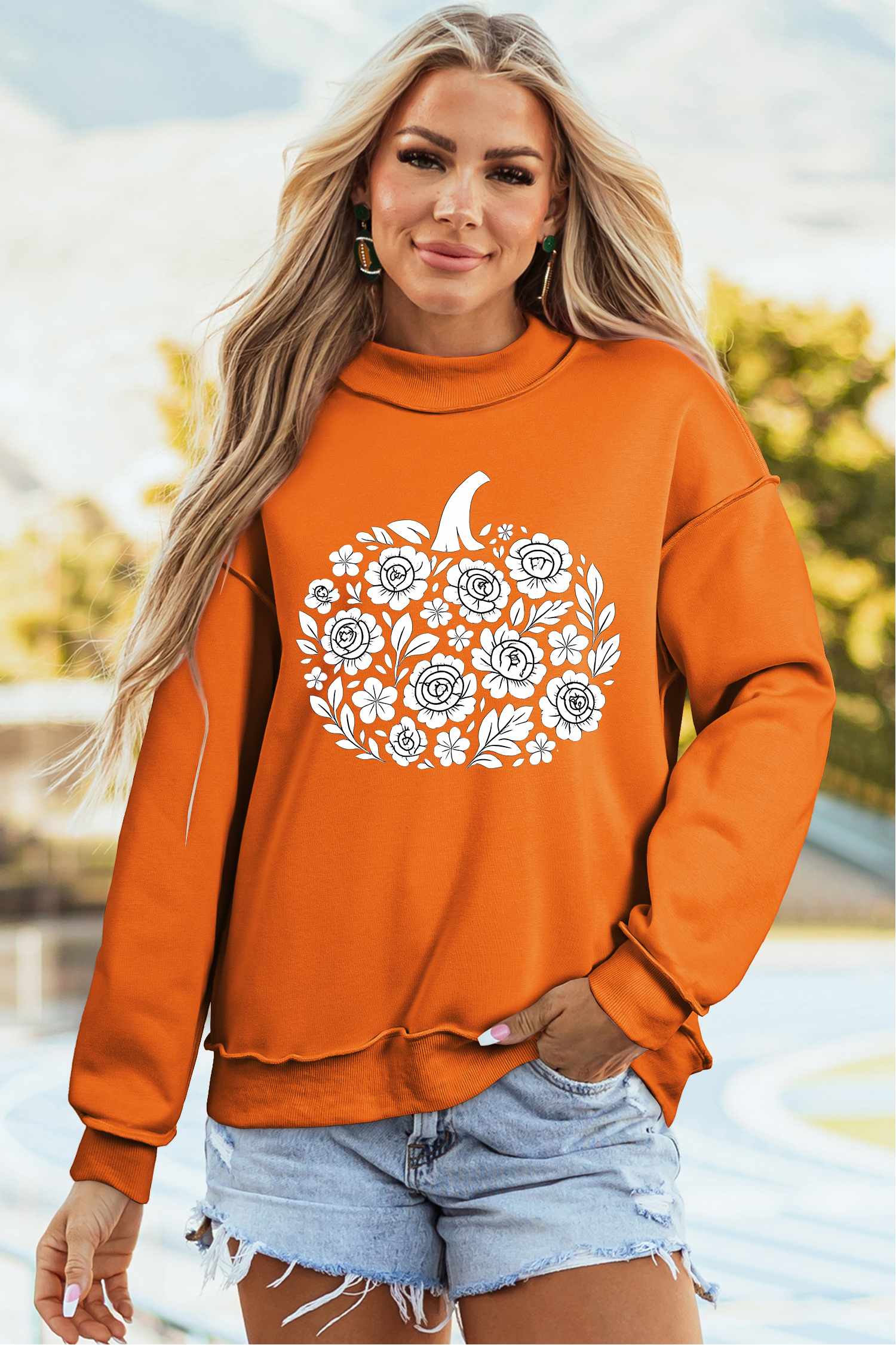 Autumn Pumpkin Print Sweatshirt, Mock Neck Long Sleeve Top - Detail View 2
