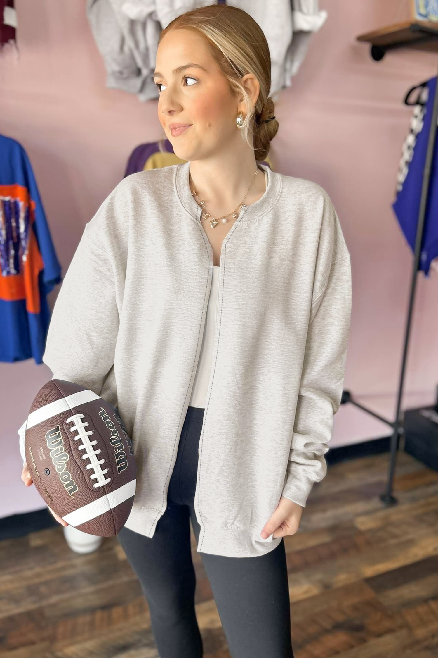 Women's Light Grey Zip Jacket, Casual Long Sleeve Sweatshirt - Detail View 7