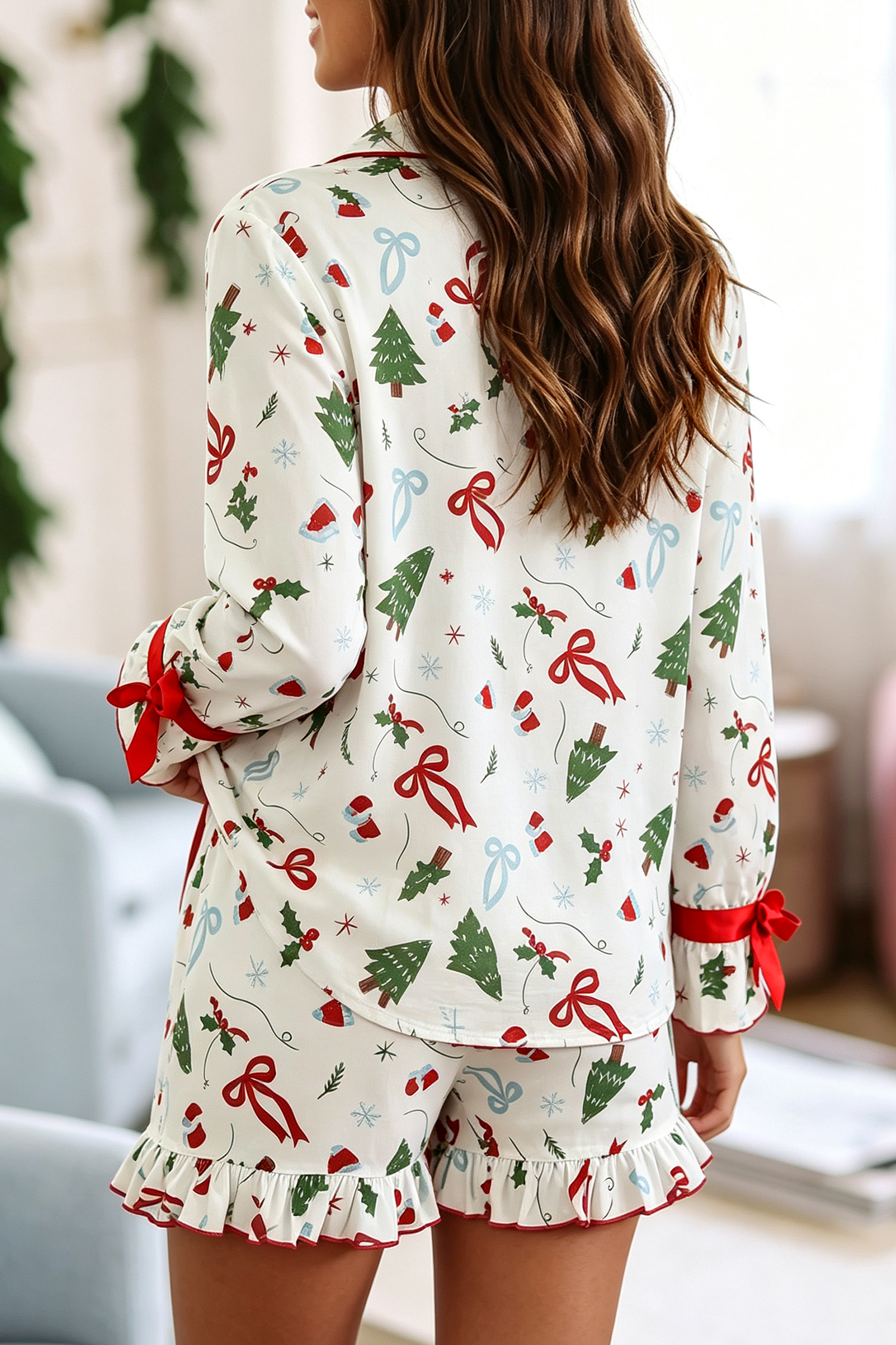 Holiday Ruffle Short Pajamas, Women's Soft Viscose Sleepwear - Detail View 2