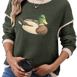 Western Duck Patchwork Knit Top, Casual Daily Women Pullover - Main View