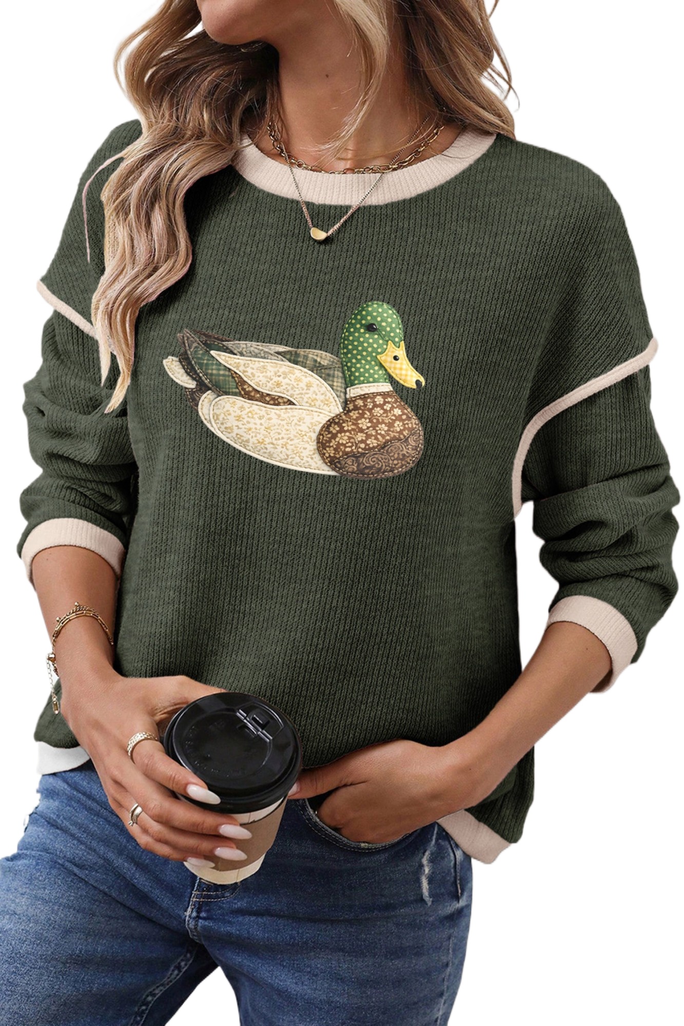 Western Duck Patchwork Knit Top, Casual Daily Women Pullover - Main View