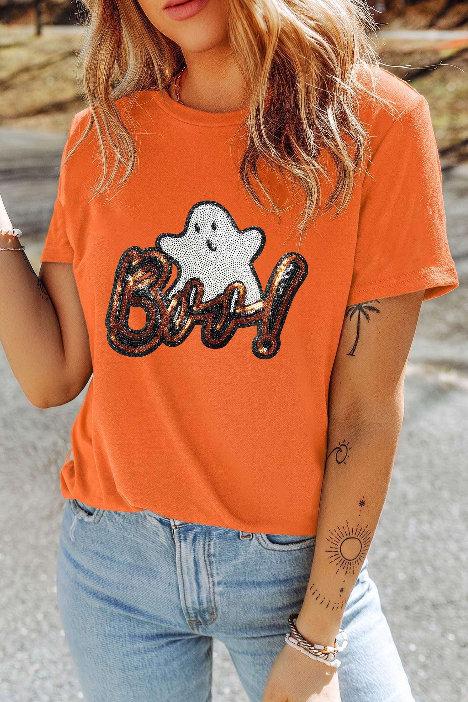 Sequin Boo Ghost Graphic Tee, Trendy Orange Halloween Shirt - Detail View 5