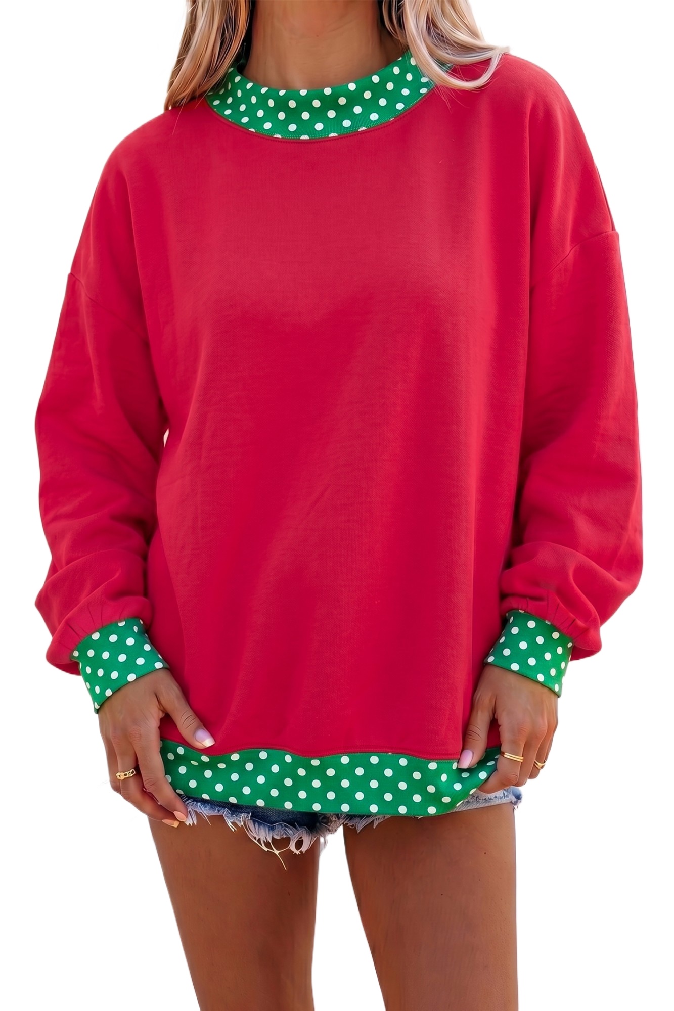 Women's Polka Dot Sweatshirt, Racing Red Casual Long Sleeve - Main View
