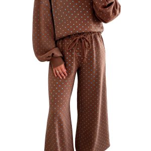 Women's Polka Dot Pant Set, Casual Wide Leg Loungewear - Main View