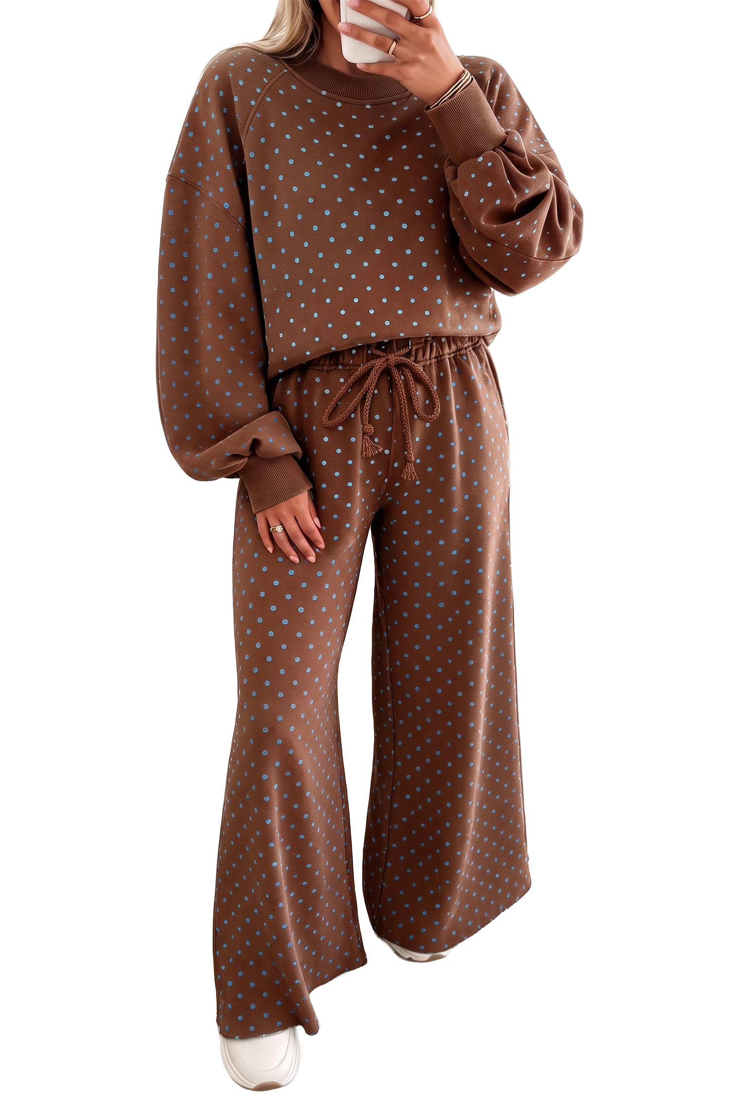 Women's Polka Dot Pant Set, Casual Wide Leg Loungewear - Main View