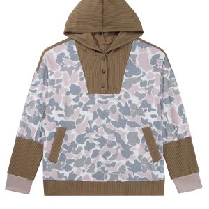 Women's Casual Camo Hoodie, Waffle Knit Top - Main View