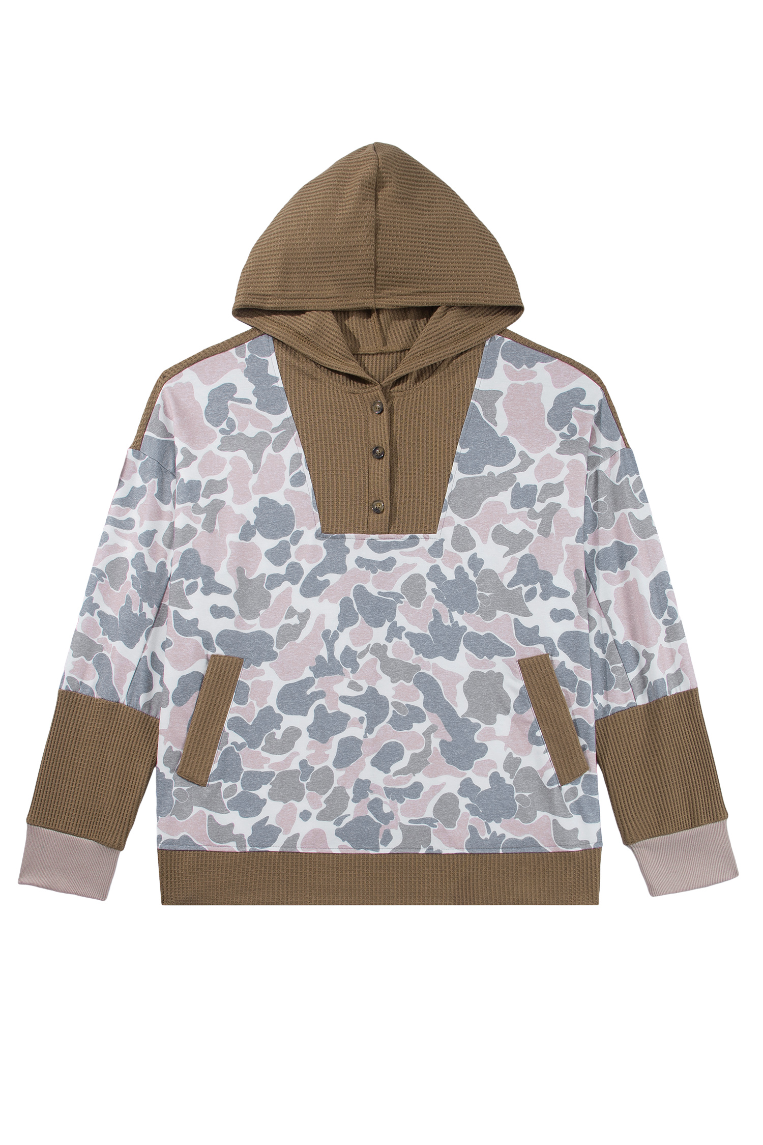 Women's Casual Camo Hoodie, Waffle Knit Top - Main View