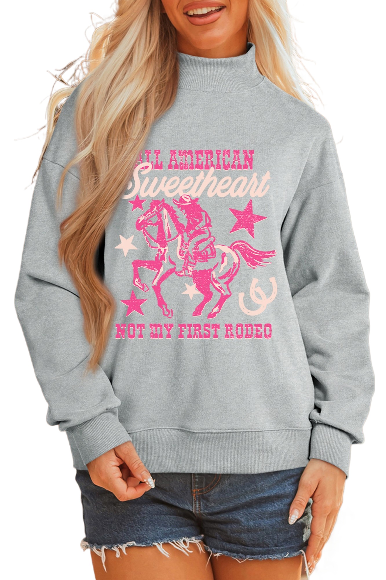 Women's Western Graphic Sweatshirt, Casual Gray Mock Neck - Main View