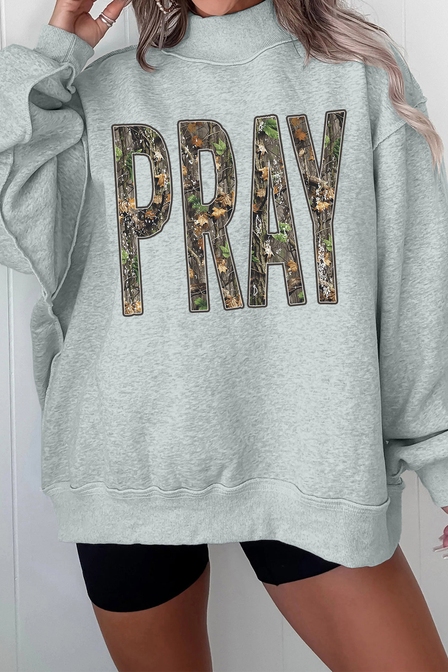 Women's Baggy Camo Pullover, Cozy Mock Neck Sweatshirt - Detail View 3