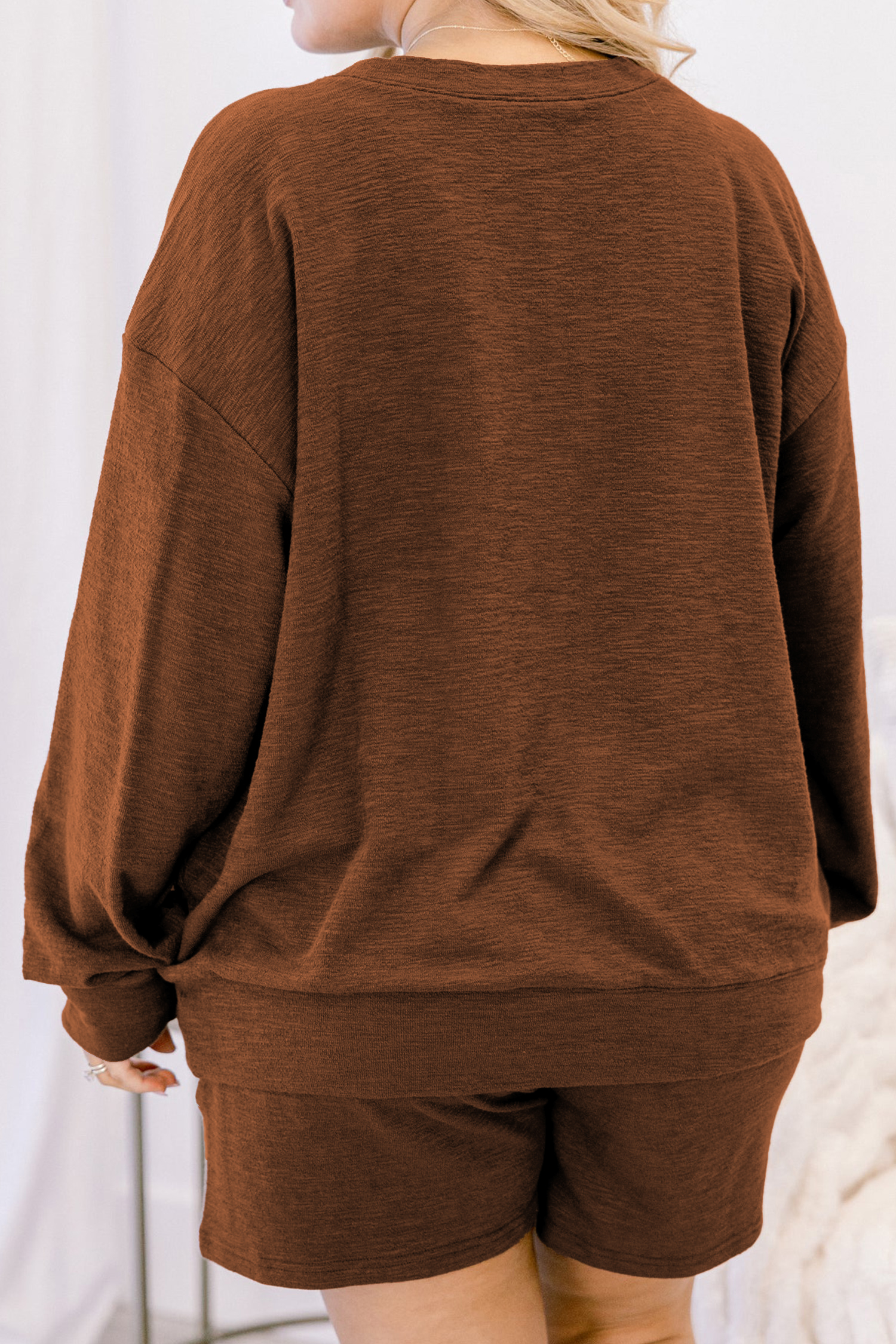 Casual Two Piece Shorts Set, Women's Fall Long Sleeve Outfit - Detail View 2